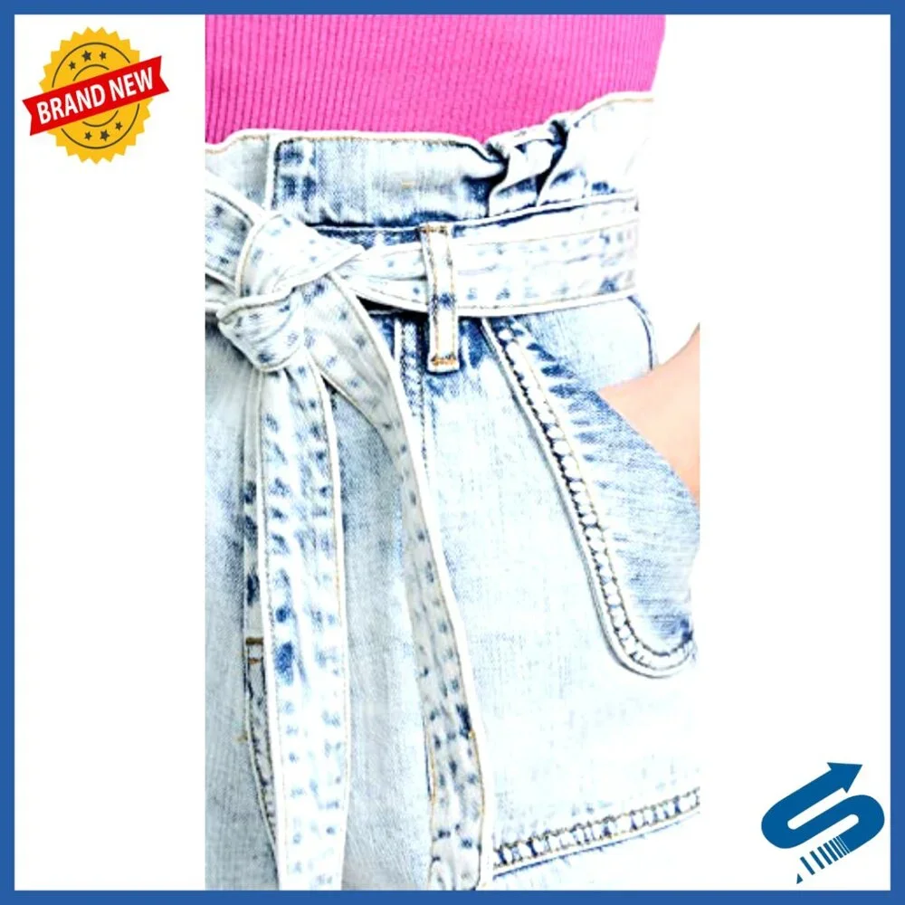 Denim Paper Bag Shorts with Self Belt, Pleated Cuffed Style - Picture 6 of 6